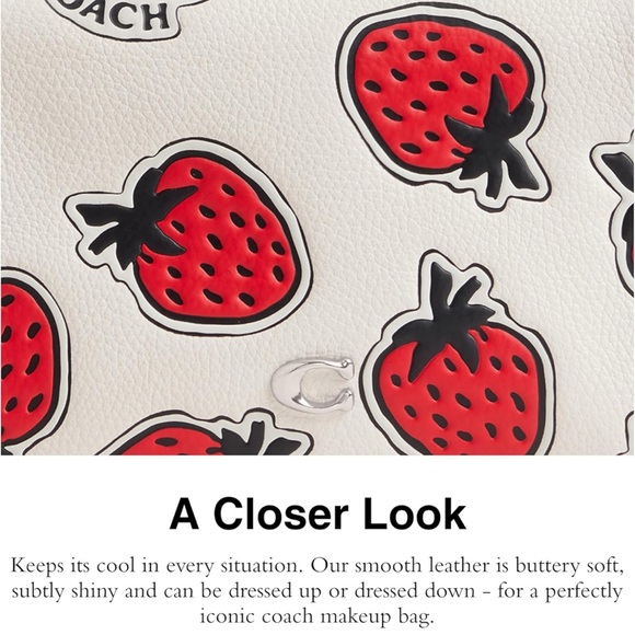 Coach Essential Cosmetic Pouch With Strawberry Print in Chalk Pebble Leather NWT - Picture 12 of 14